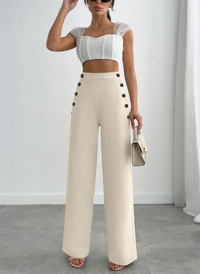 Take Two White Off White Straight Leg Trousers with Button Detail for Women | Best Price UAE