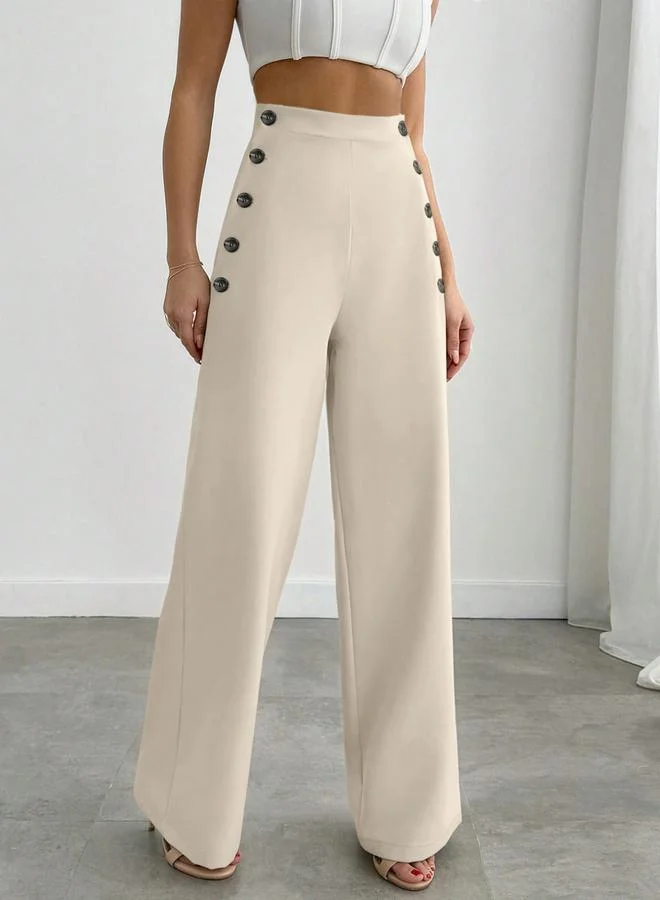 Take Two Off White Straight Leg Trousers with Button Detail