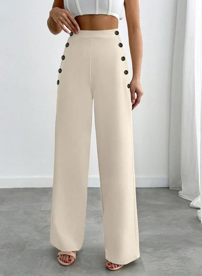 Take Two White Off White Straight Leg Trousers with Button Detail for Women | Best Price UAE