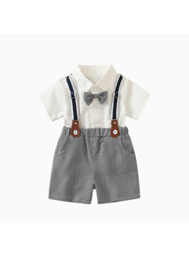 2026 Summer New Boys Gentleman Outfit Set, Kids Short-Sleeve White Shirt with Suspender Pants, Kindergarten & School Uniform - Image 2