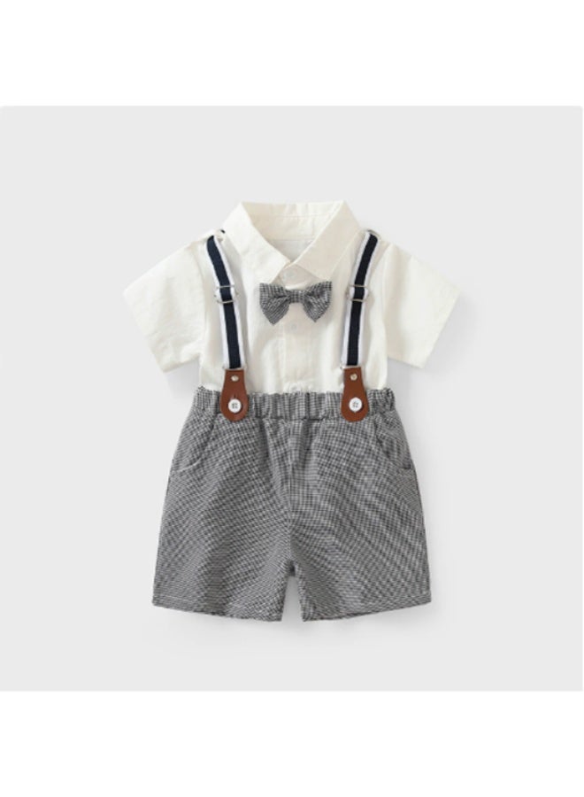 2026 Summer New Boys Gentleman Outfit Set, Kids Short-Sleeve White Shirt with Suspender Pants, Kindergarten & School Uniform - Image 1