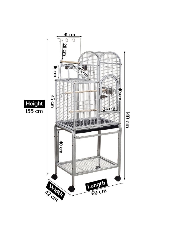 أن ان سي بيتس قفص ببغاء مع سطح لعب، متين وحامل، قفص طيور معدني 155 سم مع رف تخزين، صينية قابلة للإزالة، أوعية تغذية، ومجثمات، للاستخدام الداخلي والخارجي، سهل التنظيف (رمادي) - Image 2