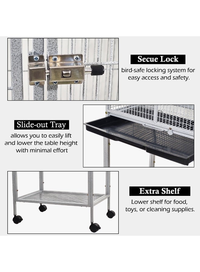 أن ان سي بيتس قفص ببغاء مع سطح لعب، متين وحامل، قفص طيور معدني 155 سم مع رف تخزين، صينية قابلة للإزالة، أوعية تغذية، ومجثمات، للاستخدام الداخلي والخارجي، سهل التنظيف (رمادي) - Image 4