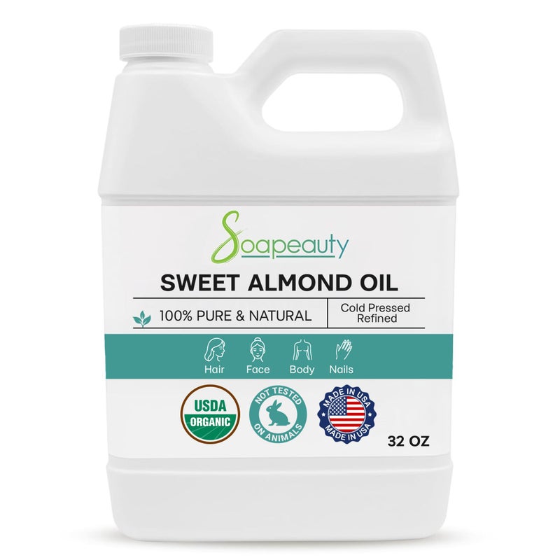 Soapeauty Sweet Almond Oil Cold Pressed Refined USDA Organic | 100% Pure & Natural Available in Bulk | Carrier for Essential Oils, Massage, Skin, Face, and Hair, Soap Making, DIY | 32 fl oz - Image 1
