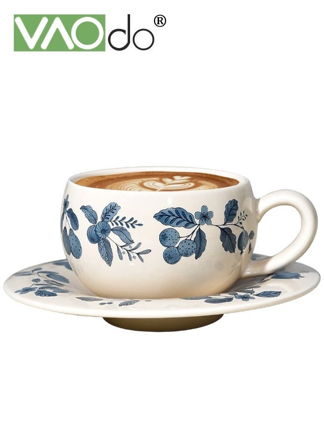فاو دو كوب قهوة سيراميك مع صحن، كوب قهوة بنقشة زهور، كوب ماء للاتيه بالحليب والكاكاو، كوب شاي مزين بالزهور الجميلة كهدية في الأعياد وأعياد الميلاد - Image 1