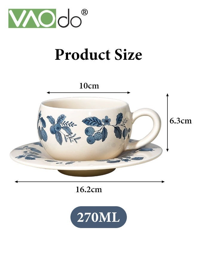 فاو دو كوب قهوة سيراميك مع صحن، كوب قهوة بنقشة زهور، كوب ماء للاتيه بالحليب والكاكاو، كوب شاي مزين بالزهور الجميلة كهدية في الأعياد وأعياد الميلاد - Image 3