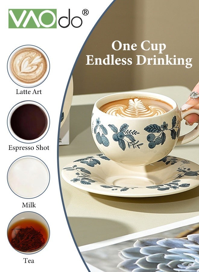 فاو دو كوب قهوة سيراميك مع صحن، كوب قهوة بنقشة زهور، كوب ماء للاتيه بالحليب والكاكاو، كوب شاي مزين بالزهور الجميلة كهدية في الأعياد وأعياد الميلاد - Image 5