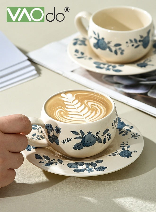 فاو دو كوب قهوة سيراميك مع صحن، كوب قهوة بنقشة زهور، كوب ماء للاتيه بالحليب والكاكاو، كوب شاي مزين بالزهور الجميلة كهدية في الأعياد وأعياد الميلاد - Image 4