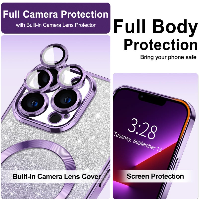 Hython for iPhone 13 Case Clear Magnetic Glitter Phone Cases [Compatible with MagSafe] Full Camera Lens Protector Slim Gradient Sparkle Luxury Plating Shockproof Protective Cover Women Girls, Purple - Image 3