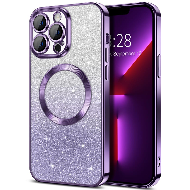 Hython for iPhone 13 Case Clear Magnetic Glitter Phone Cases [Compatible with MagSafe] Full Camera Lens Protector Slim Gradient Sparkle Luxury Plating Shockproof Protective Cover Women Girls, Purple - Image 1