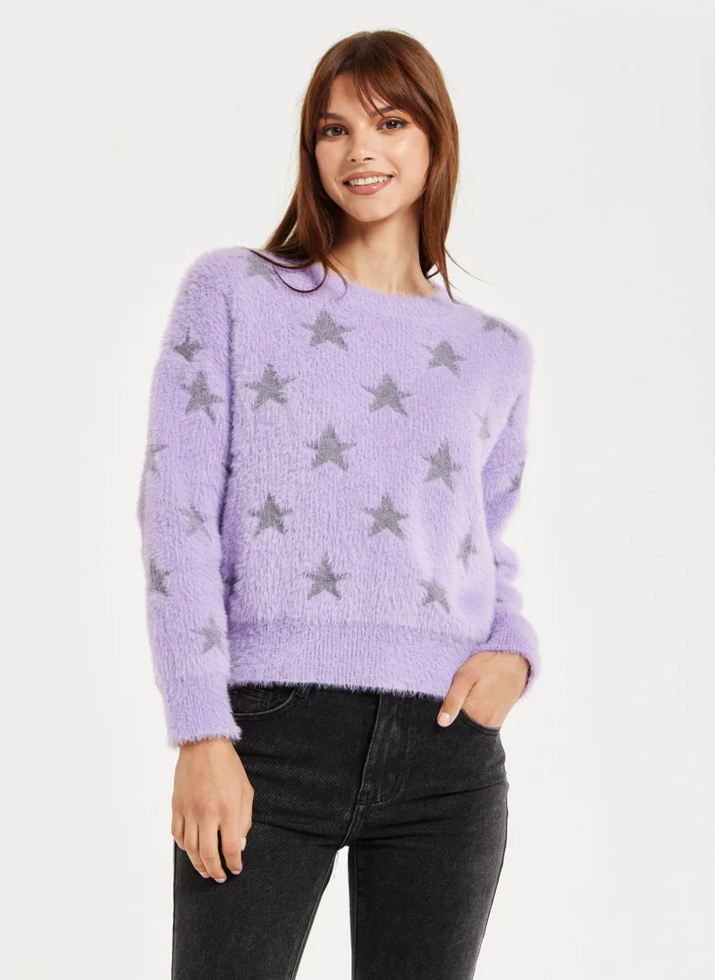 Liquorish Fluffy Grey Star Pattern Jumper In Lilac