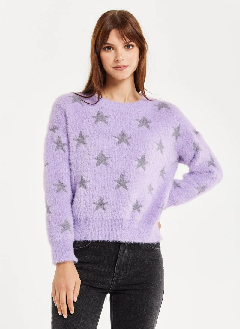 Liquorish Fluffy Grey Star Pattern Jumper In Lilac