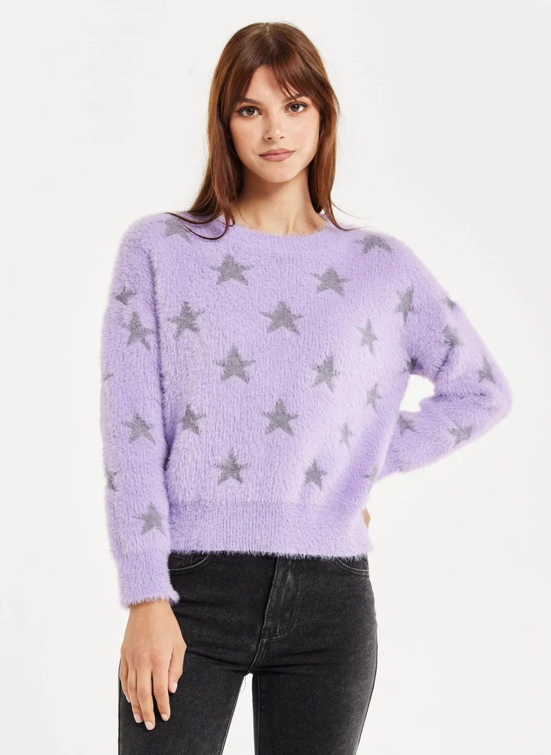 Liquorish Fluffy Grey Star Pattern Jumper In Lilac