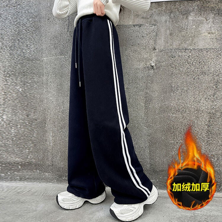 Girls Pull Pants Fleece-Lined Thickened Large Children'S Sports Pants Girls Fashionable Wide Leg Pants - Image 1