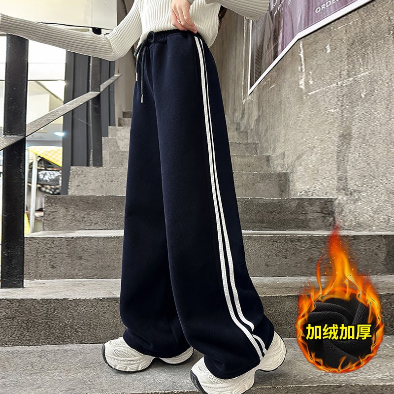 Girls Pull Pants Fleece-Lined Thickened Large Children'S Sports Pants Girls Fashionable Wide Leg Pants - Image 2
