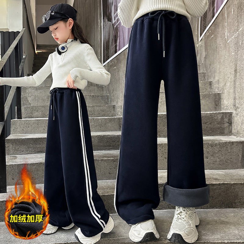 Girls Pull Pants Fleece-Lined Thickened Large Children'S Sports Pants Girls Fashionable Wide Leg Pants - Image 5