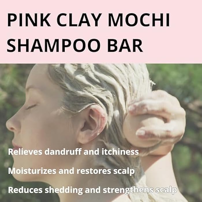 All-in-One Pink Clay Mochi Shampoo Bar for Sensitive and Oily Scalp Care, Rosemary Oil, Green Tea, Dandruff&Itchy Scalp Shampoo, Korean Skin Care Rice Cleanser (4.2oz) - Image 5