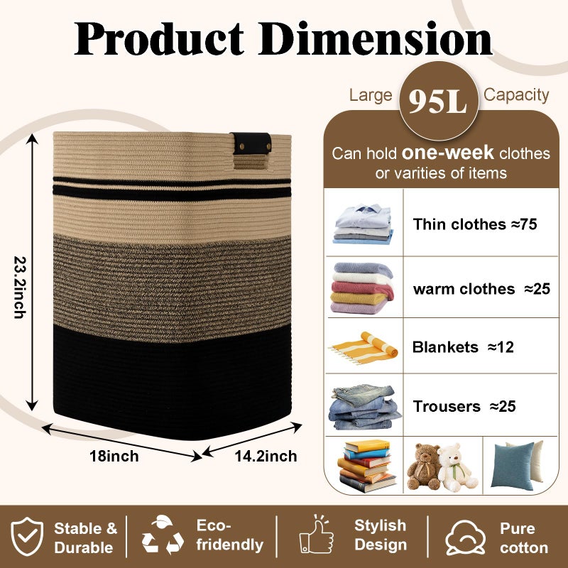 Degeyoyo Laundry Hamper, 95L Tall Laundry Basket with Leather Handles, Rectangle Large Clothes Hamper for Organizing, Cotton Woven Laundry Baskets Storage Hampers for Bedroom, Nursery, Living Room - Image 3