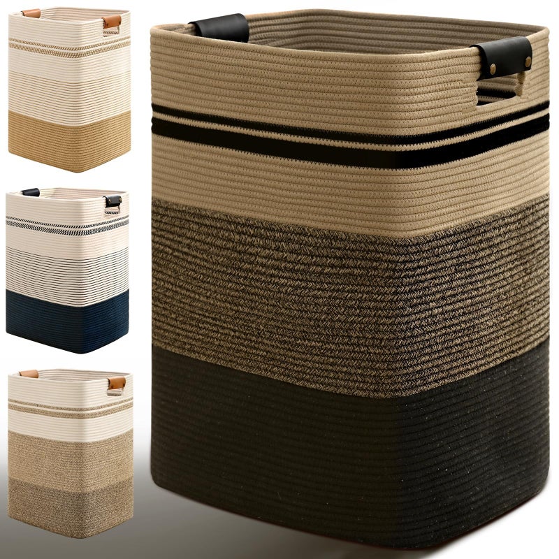 Degeyoyo Laundry Hamper, 95L Tall Laundry Basket with Leather Handles, Rectangle Large Clothes Hamper for Organizing, Cotton Woven Laundry Baskets Storage Hampers for Bedroom, Nursery, Living Room - Image 1