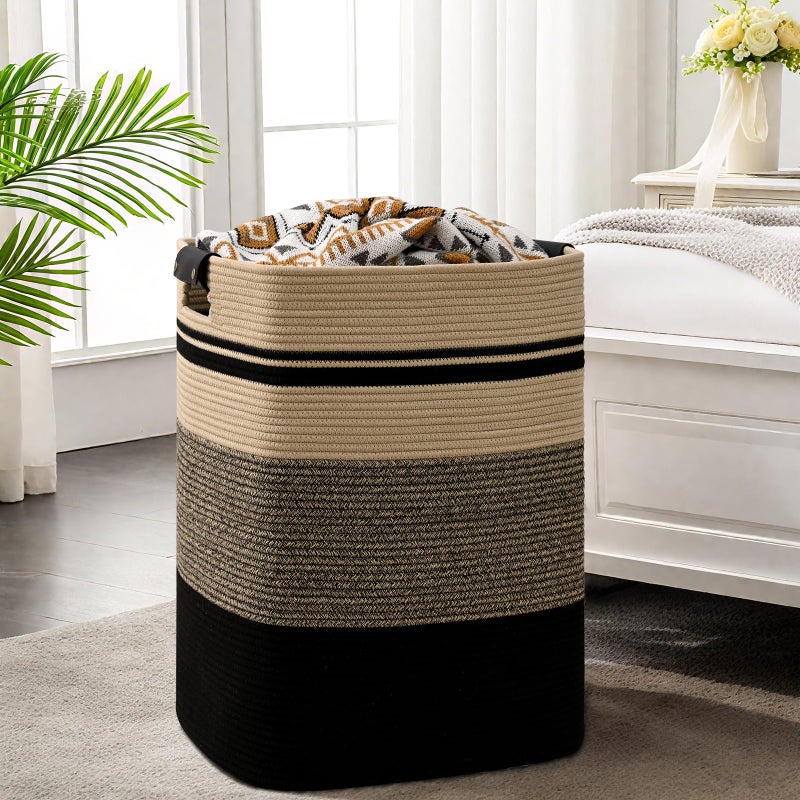 Degeyoyo Laundry Hamper, 95L Tall Laundry Basket with Leather Handles, Rectangle Large Clothes Hamper for Organizing, Cotton Woven Laundry Baskets Storage Hampers for Bedroom, Nursery, Living Room - Image 2