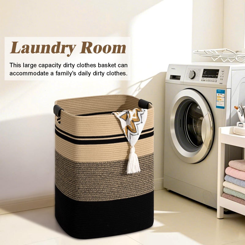 Degeyoyo Laundry Hamper, 95L Tall Laundry Basket with Leather Handles, Rectangle Large Clothes Hamper for Organizing, Cotton Woven Laundry Baskets Storage Hampers for Bedroom, Nursery, Living Room - Image 4