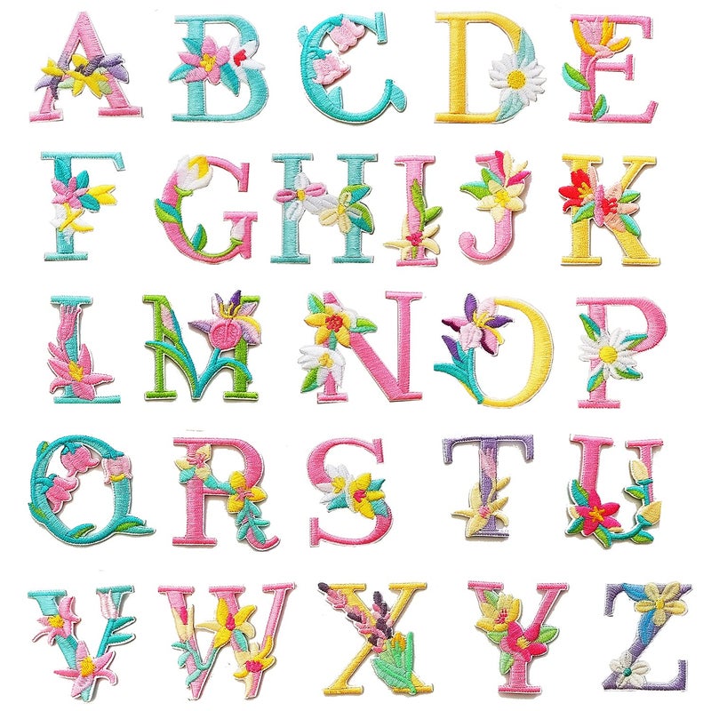 MISDONR MISDONR Iron On Letter Patches 2 Sets 52 Pieces AZ Flower Embroidery Alphabet Patches for Clothing Backpacks Hats Shirts