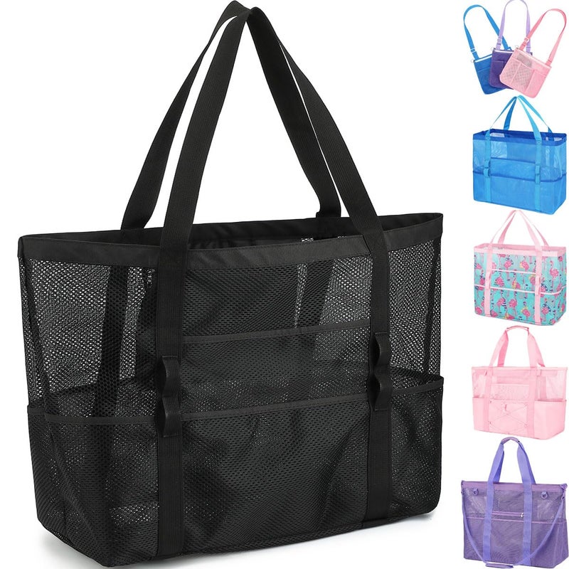 Fammart Mesh Beach Bag, Large Beach Tote with Zipper Pocket, Toys Pool Bag for Family Travel Vacation Cruise Essentials, Large - Black - Image 1