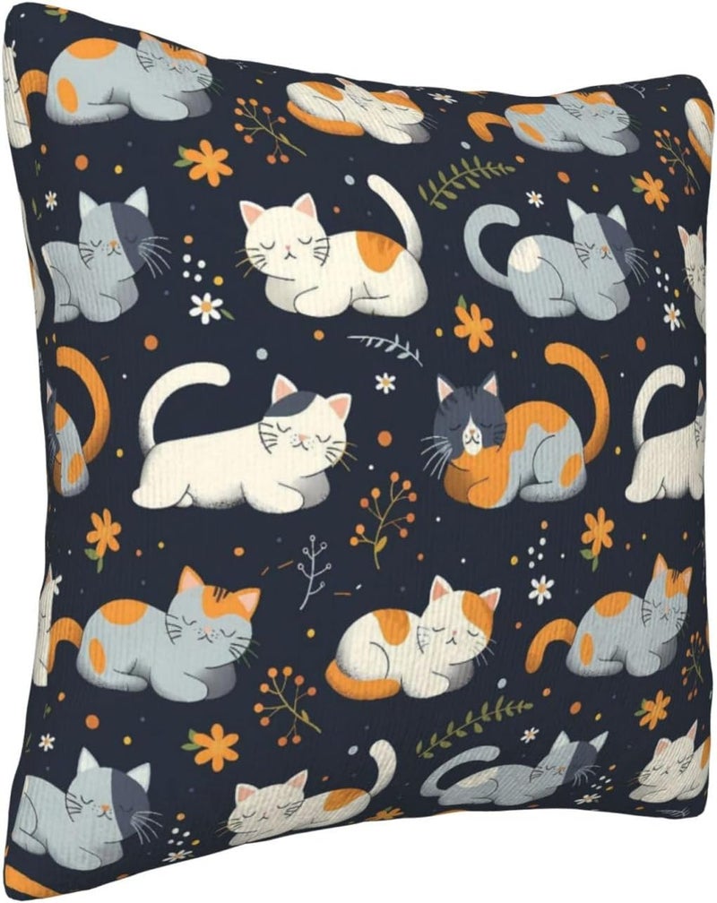 Cute Cartoon Cats and Flowers Print Corduroy Throw Pillow Covers 18"x18" Soft Spring Decorative Pillowcase for Sofa Couch Bed Living Room Farmhouse Decor - Image 3