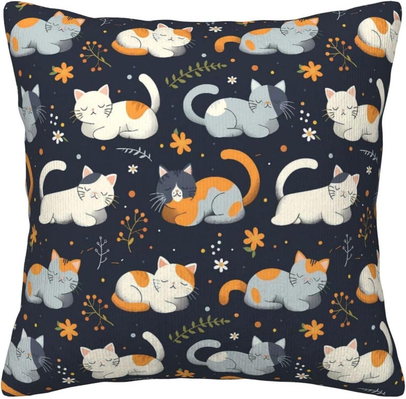 Cute Cartoon Cats and Flowers Print Corduroy Throw Pillow Covers 18"x18" Soft Spring Decorative Pillowcase for Sofa Couch Bed Living Room Farmhouse Decor - Image 2