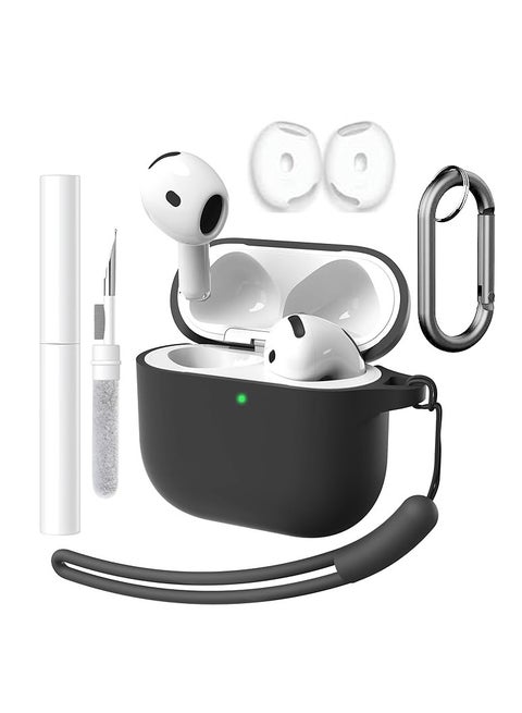 Silicone Case Set for AirPods 4th Generation/4 ANC Protective Cover 2024 with Lanyard/Keychain/Cleaner Kit/Ear Tips (Black, Enhanced)