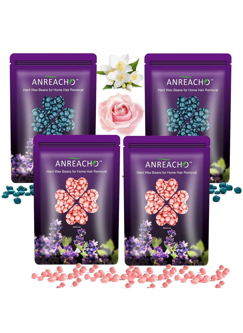 ANREACHO - Wax Beads for Hair Removal ANREACHO Hard Wax Beads for Sensitive Skin 4 Packs Waxing Beans for Brazilian Bikini Eyebrow Legs Armpit Facial 400g At Home Wax Refill 2 Pink  2 Dark Blue - Image 1