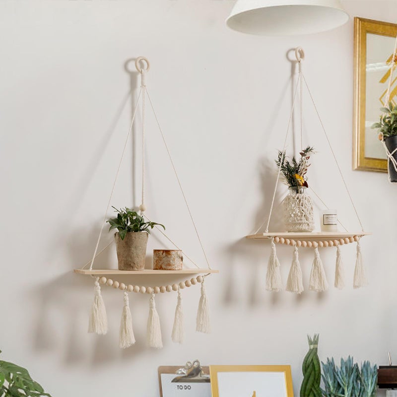 Artilady Macrame Wall Hanging Shelf  2 Pack Wood Shelves Boho Wall Shelf Decor with Tassels  Wooden Beads Rustic Floating Shleves Plant Aesthetic Room Decor for Teen Girls