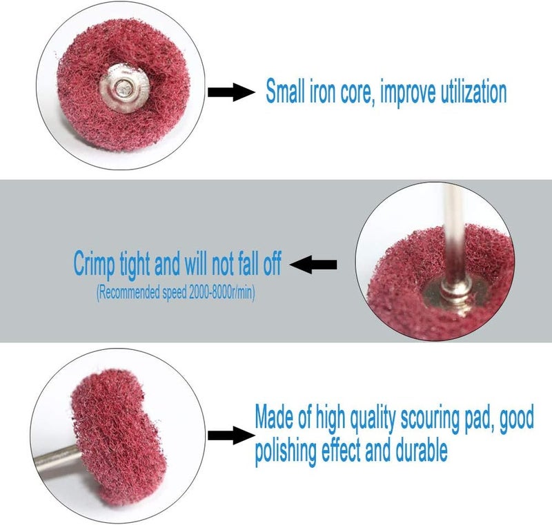 FPPO 50PCS Abrasive Buffing Polishing Wheel Set for Rotary Tools,Removal of Rust Deburring on Metal Surface with 3mm Shank,Mini scouring pad Brush Polishing kit(grit 320 red 50pcs) - Image 5
