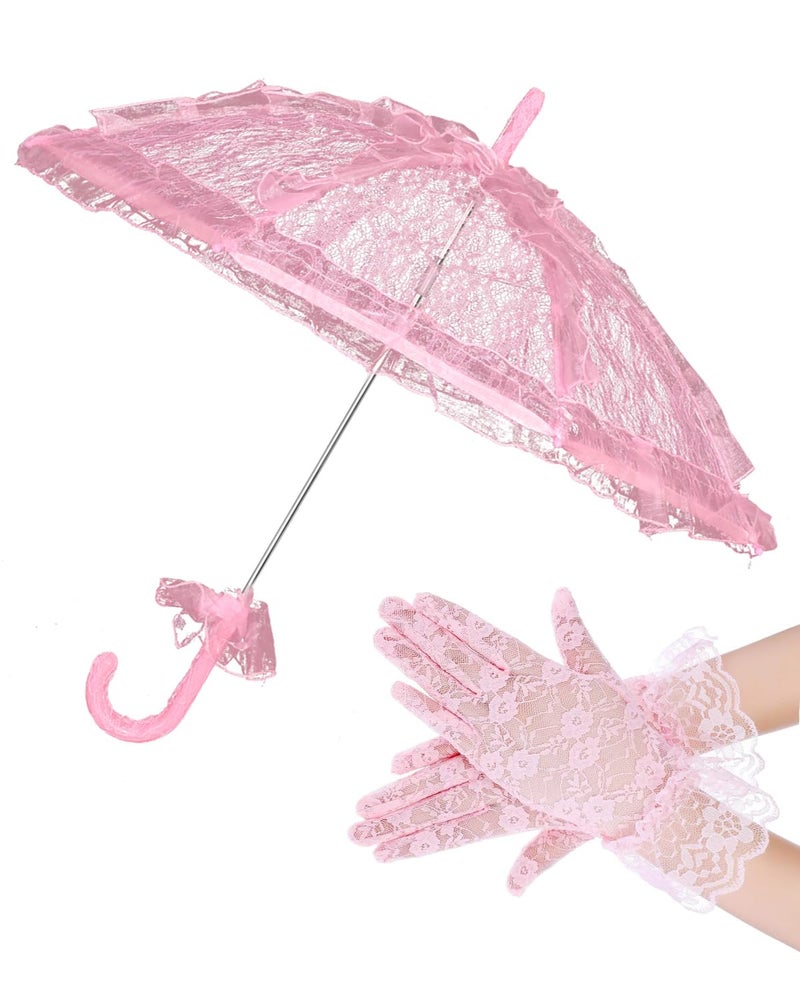 Solnique Mini White/Pink Lace Parasol with Floral Gloves, Vintage Lace Umbrella for Wedding Decor, Tea Party & Photography Props - Image 1