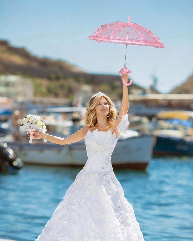 Solnique Mini White/Pink Lace Parasol with Floral Gloves, Vintage Lace Umbrella for Wedding Decor, Tea Party & Photography Props - Image 4