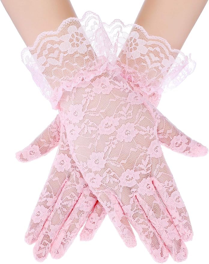 Solnique Mini White/Pink Lace Parasol with Floral Gloves, Vintage Lace Umbrella for Wedding Decor, Tea Party & Photography Props - Image 5