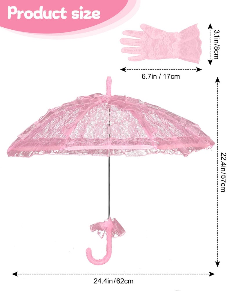 Solnique Mini White/Pink Lace Parasol with Floral Gloves, Vintage Lace Umbrella for Wedding Decor, Tea Party & Photography Props - Image 2