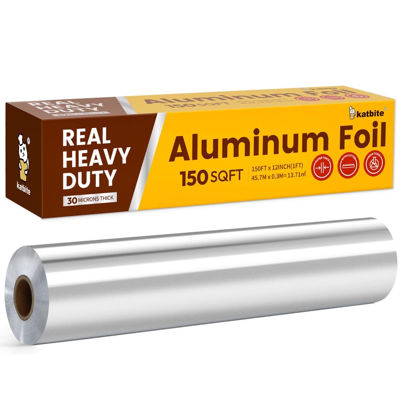 Katbite Aluminum Foil Roll, Heavy Duty 12inx150ft, 30 Micron Thick Strong Foils Aluminum Roll with Cutter for Home Cooking, Catering, Grilling,150Sqft - Image 1