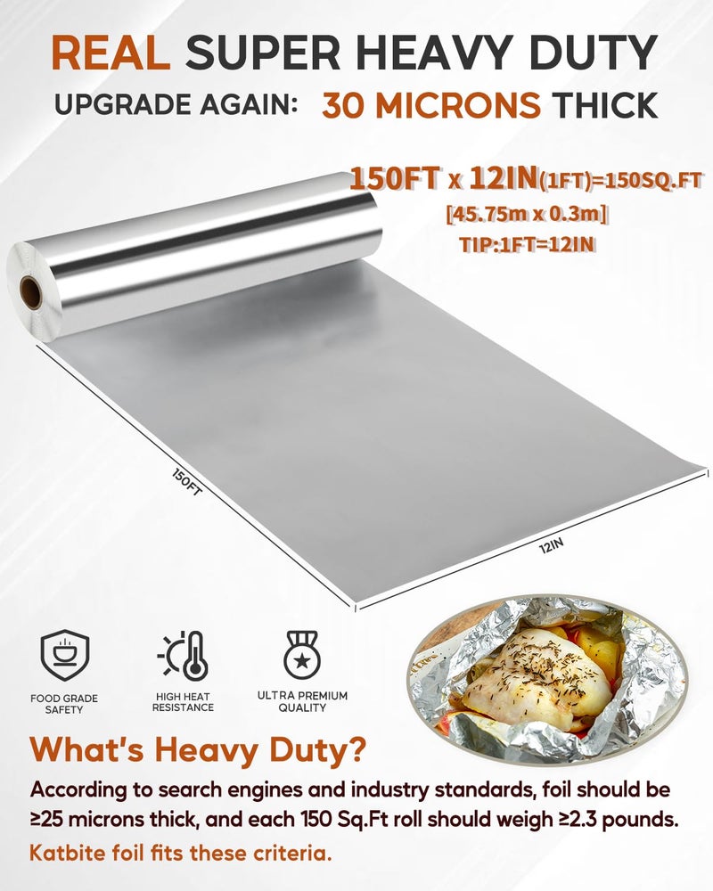 Katbite Aluminum Foil Roll, Heavy Duty 12inx150ft, 30 Micron Thick Strong Foils Aluminum Roll with Cutter for Home Cooking, Catering, Grilling,150Sqft - Image 2