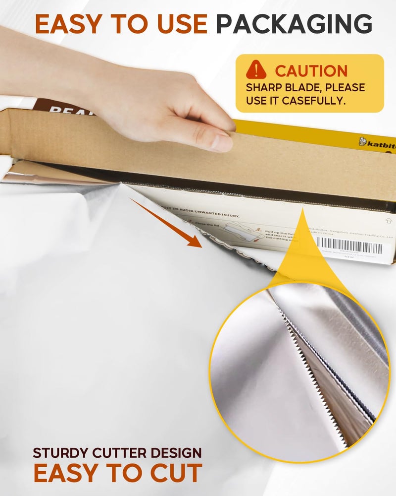 Katbite Aluminum Foil Roll, Heavy Duty 12inx150ft, 30 Micron Thick Strong Foils Aluminum Roll with Cutter for Home Cooking, Catering, Grilling,150Sqft - Image 4