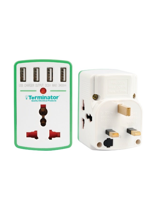 Terminator TMA 30U4 3-Way Universal Multi Adaptor with Indicator, 13A Plug Extension, Compatible with Multiple Plug Types, Durable & Safe Power Adapter for Home, Office & Travel Use - Image 1