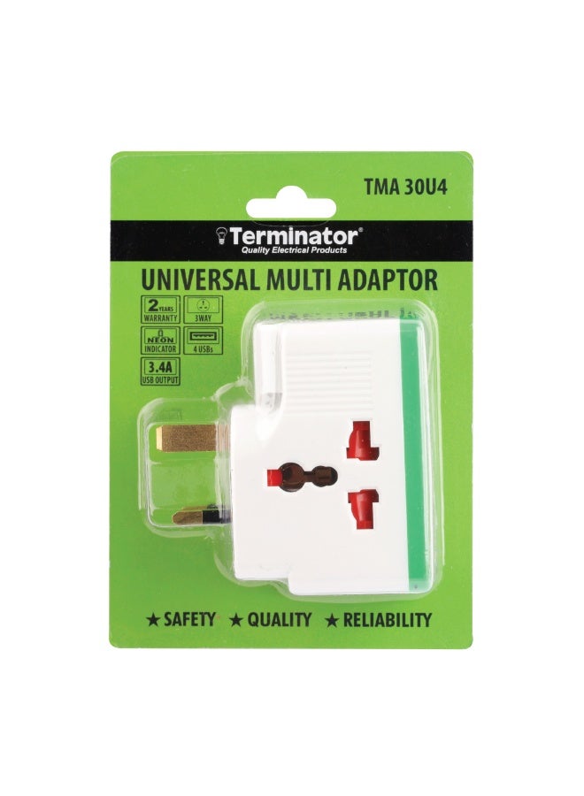 Terminator TMA 30U4 3-Way Universal Multi Adaptor with Indicator, 13A Plug Extension, Compatible with Multiple Plug Types, Durable & Safe Power Adapter for Home, Office & Travel Use - Image 2