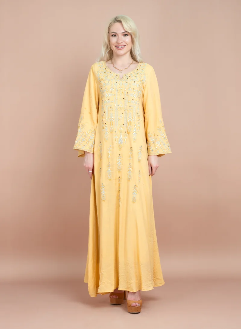 IKKXA Contrast Embroidered Jalabiya CJ1061 Yellow