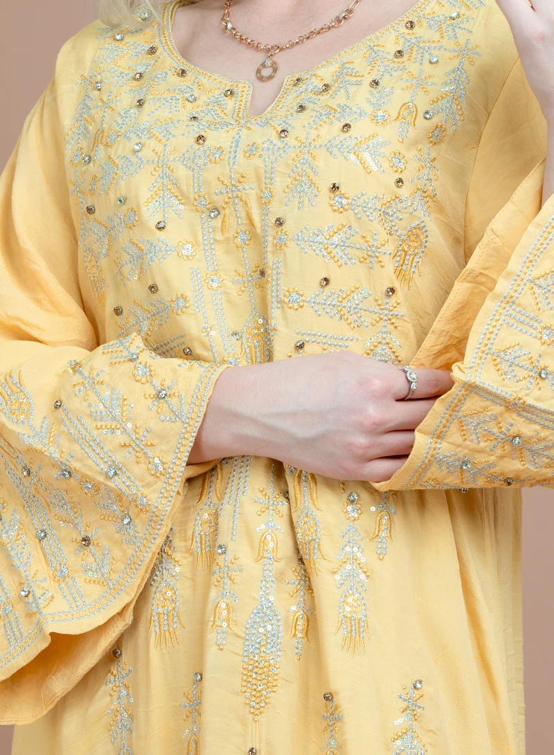 IKKXA Contrast Embroidered Jalabiya CJ1061 Yellow