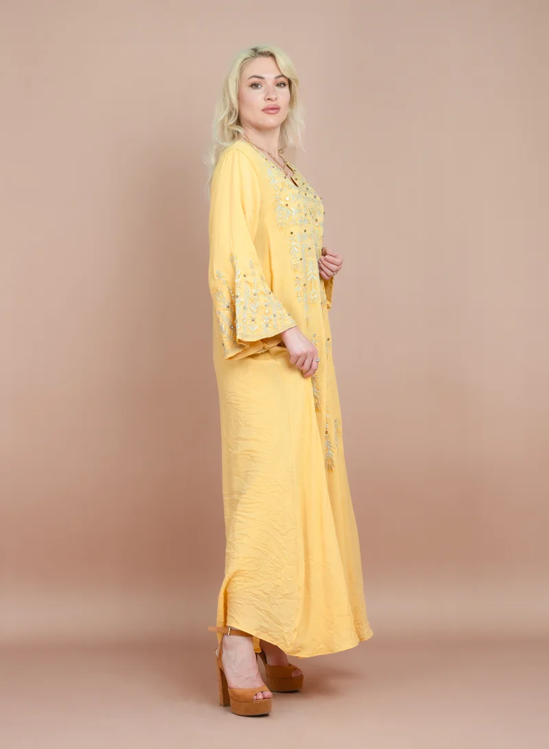 IKKXA Contrast Embroidered Jalabiya CJ1061 Yellow
