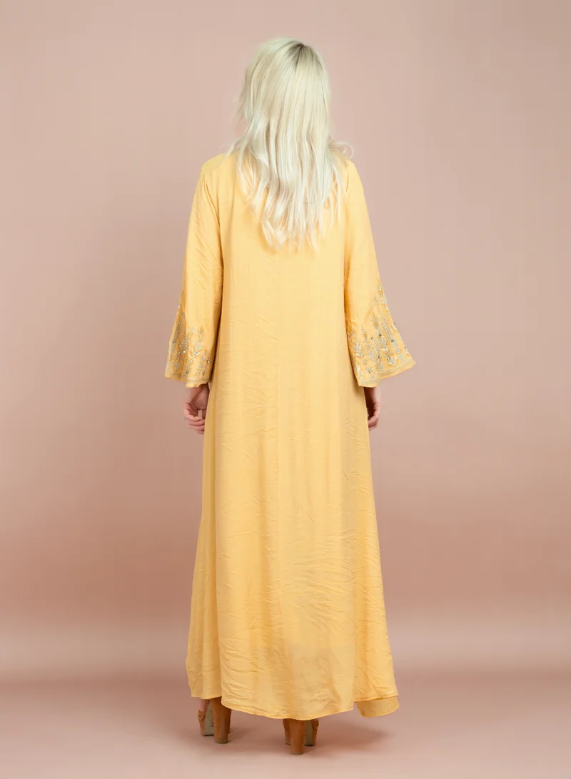 IKKXA Contrast Embroidered Jalabiya CJ1061 Yellow