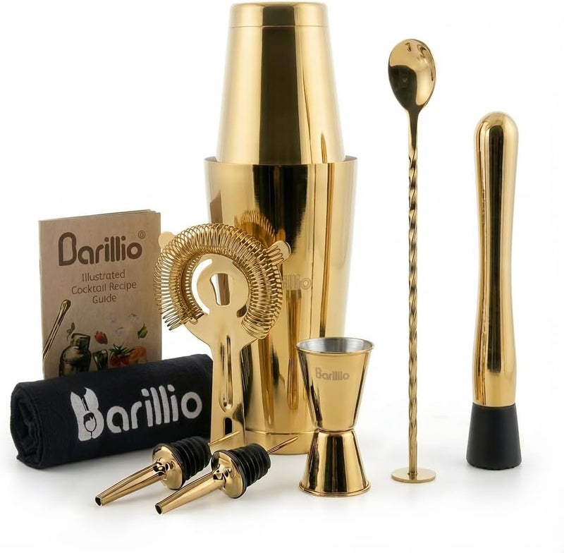 barillio طقم شاكر بوسطن الذهبي - شاكر كوكتيل مارتيني من الفولاذ المقاوم للصدأ مع مصفاة وخلاط مشروبات - مجموعة خلط البار - طقم بار منزلي - طقم شاكر مشروبات مكون من 9 قطع - أدوات بار - Image 1