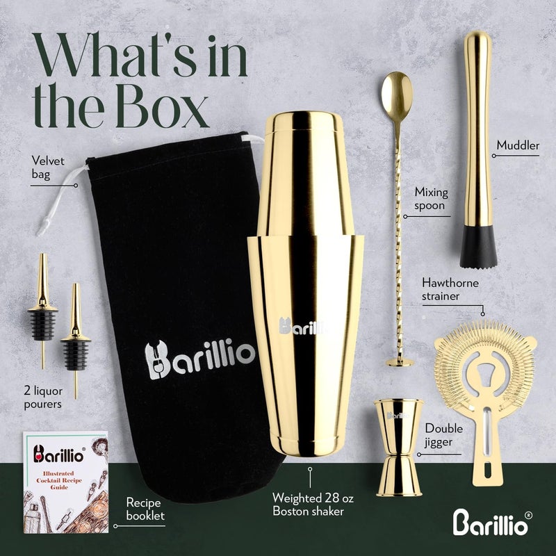 barillio طقم شاكر بوسطن الذهبي - شاكر كوكتيل مارتيني من الفولاذ المقاوم للصدأ مع مصفاة وخلاط مشروبات - مجموعة خلط البار - طقم بار منزلي - طقم شاكر مشروبات مكون من 9 قطع - أدوات بار - Image 2