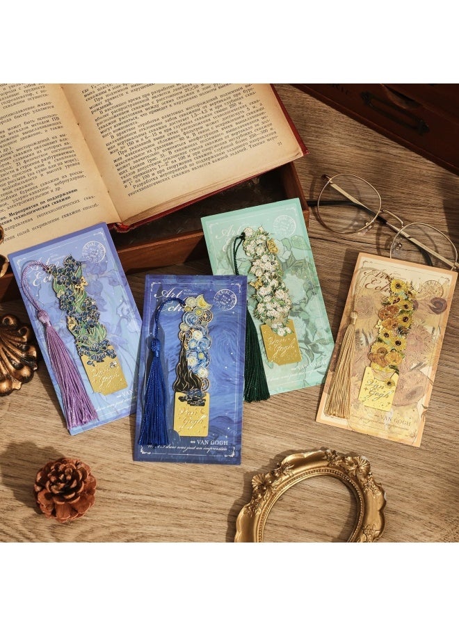 4 قطع من العلامات المرجعية مع شرابة، علامة مرجعية معدنية مجوفة ذهبية اللون، علامة مرجعية بموضوع لوحة زيتية مونيه للنساء محبات الكتب والكاتبات والقراء والأطفال والفتيات المراهقات، (نمط الزهور) - Image 5