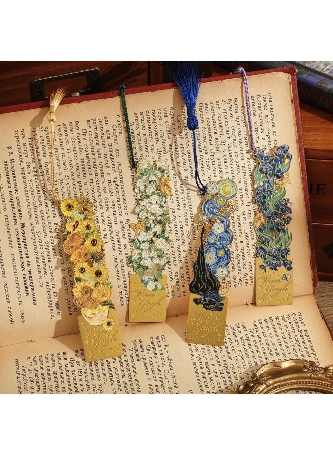 4 قطع من العلامات المرجعية مع شرابة، علامة مرجعية معدنية مجوفة ذهبية اللون، علامة مرجعية بموضوع لوحة زيتية مونيه للنساء محبات الكتب والكاتبات والقراء والأطفال والفتيات المراهقات، (نمط الزهور) - Image 3